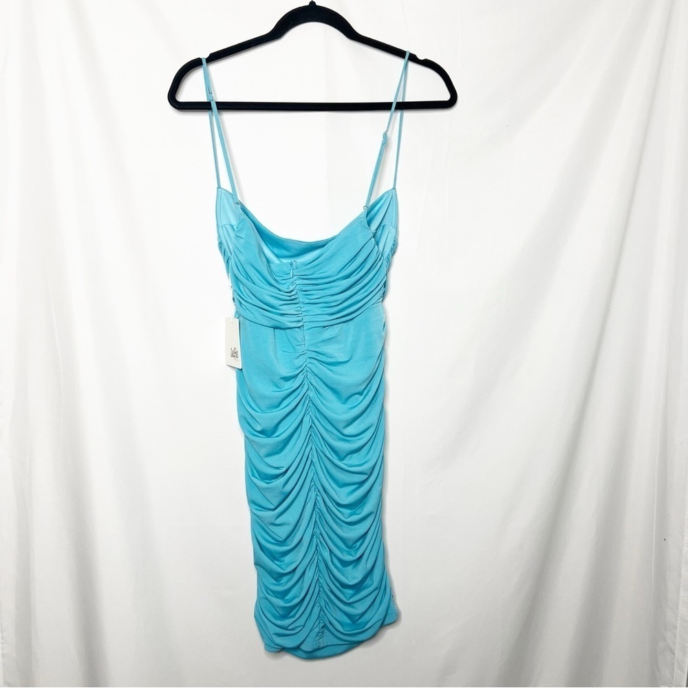 NEW with tags Selfie Leslie Shea Square Neckline Ocean Blue Ruched Dress Size L - Picture 5 of 9